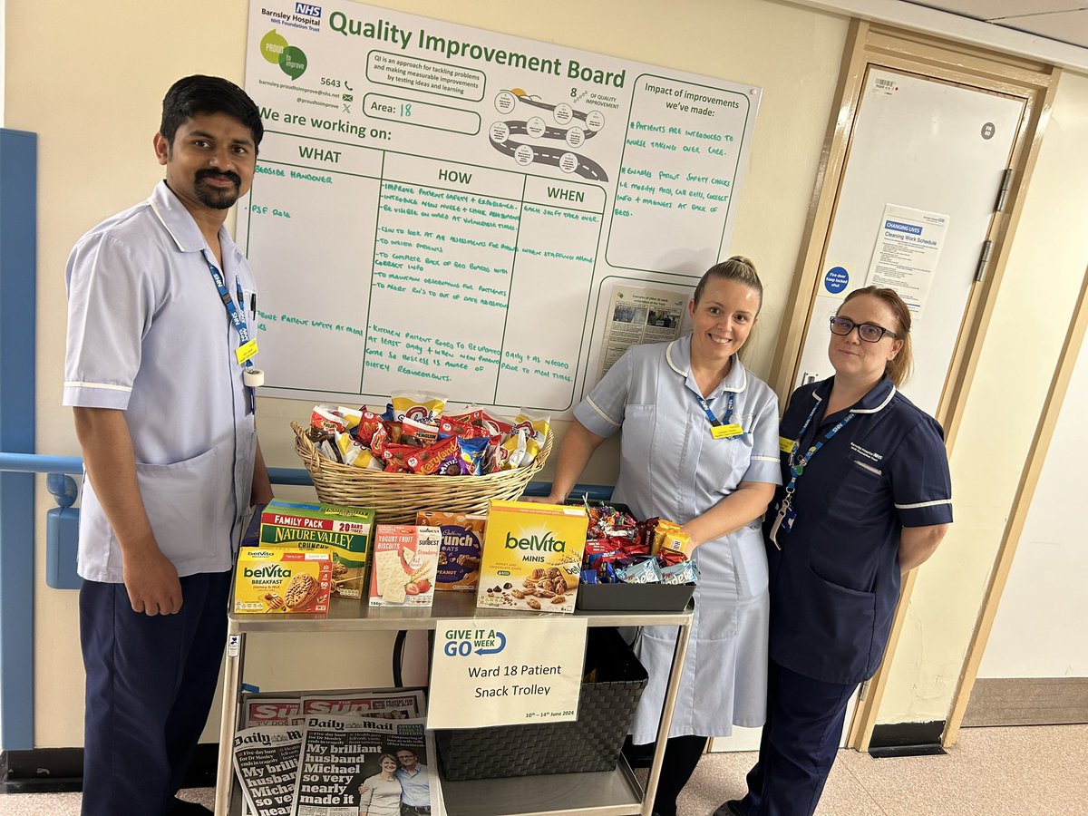 ‘Give it a go week’ on Ward 18 is the introduction of a snack trolley including daily newspaper’s, this is to help improve our patients hospital experience and support nutritional intake.

<a href="/ProudToImprove/">Quality Improvement @ Barnsley Hospital</a> <a href="/barnshospital/">Barnsley Hospital</a> <a href="/CBU1_BHNFT/">CBU1_BHNFT</a>
