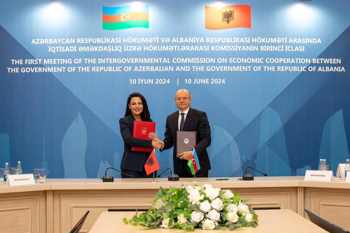 ParvizShahbazov's tweet photo. The first meeting of the #IntergovernmentalCommission on Economic Cooperation between #Azerbaijan and #Albania was fruitful. We discussed the issues arising from gas supply via #TAP to this country, gasification of Korca and other priority projects, expansion of Azerbaijan-Albania energy partnership with mutual participation of companies in the field of #GreenEnergy, increase of investments. We agreed to strengthen our efforts, quickly conclude discussions and make decisions on joint projects. We have adopted an #ActionPlan that will raise our cooperation to a new level in all areas.