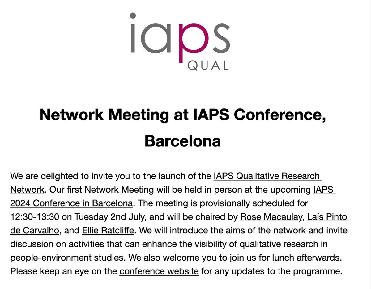 IAPS Qualitative Research Network (@iapsqual) on Twitter photo We warmly invite you to the launch of our network at <a href="/IAPS2024/">IAPS 2024 Conference</a> conference in Barcelona! Join us in person at 12:30 on 2 July. DM us or email qualitativeresearch@iaps-association.org to let us know if you plan to attend ✉️ iaps2024barcelona.com We warmly invite you to the launch of our network at <a href="/IAPS2024/">IAPS 2024 Conference</a> conference in Barcelona! Join us in person at 12:30 on 2 July. DM us or email qualitativeresearch@iaps-association.org to let us know if you plan to attend ✉️ iaps2024barcelona.com