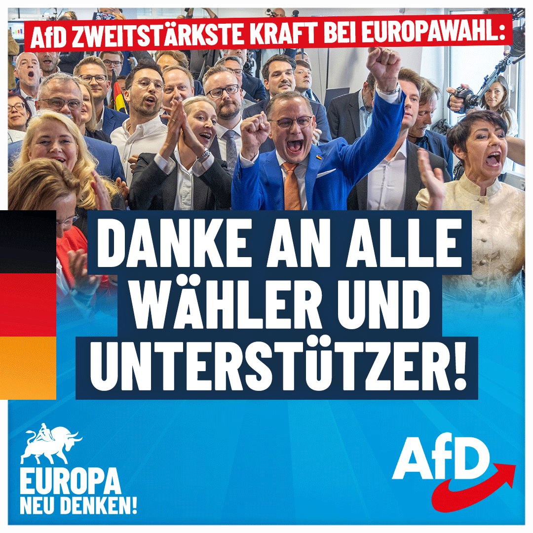 AfD's tweet photo. AfD bärenstark bei der #Europawahl: Danke an unsere Wähler!

Die Ergebnisse des Wahlsonntags sind ein Hammer für unsere #AfD: Zweistärkste Kraft bei der Europawahl, stärkste Kraft im Osten. Und auch bei den Jungwählern (16-24 Jahre) liegen wir mit einem Stimmanteil von 16 Prozent als zweitstärkste Kraft nur noch ganz knapp hinter der CDU. Auch bei den Kommunalwahlen in mehreren Bundesländern können wir uns über massive Zugewinne freuen. Mit bundesweit rund 16 % Stimmanteil werden wir eine deutlich vergrößerte Fraktion ins #EU-Parlament entsenden können.

In den ostdeutschen Bundesländern einschließlich Berlin ist die AfD mit großem Abstand stärkste Kraft: 27,1 Prozent. Weit abgeschlagen folgt die CDU erst mit 20,7 Prozent. In sämtlichen neuen Bundesländern sind wir auf Platz 1: In Brandenburg mit 27,5 %, in Sachsen mit 31,8 %, in Sachsen-Anhalt mit 30,5 %, in Thüringen mit 30,7 %, in Mecklenburg-Vorpommern mit 28,3 %.

Wir bedanken uns auf diesem Wege herzlich bei all unseren Wählern, Wahlkämpfern und Unterstützern! Trotz aller Kampagnen zeigt sich: Die Menschen drängen auf politische Veränderungen. Die starken Ergebnisse bedeuten für uns auch kräftigen Rückenwind für die bevorstehenden #Landtagswahlen. Dort wollen wir dreimal stärkste Kraft werden – und zwar mit möglichst großem Abstand. Packen wir’s an!