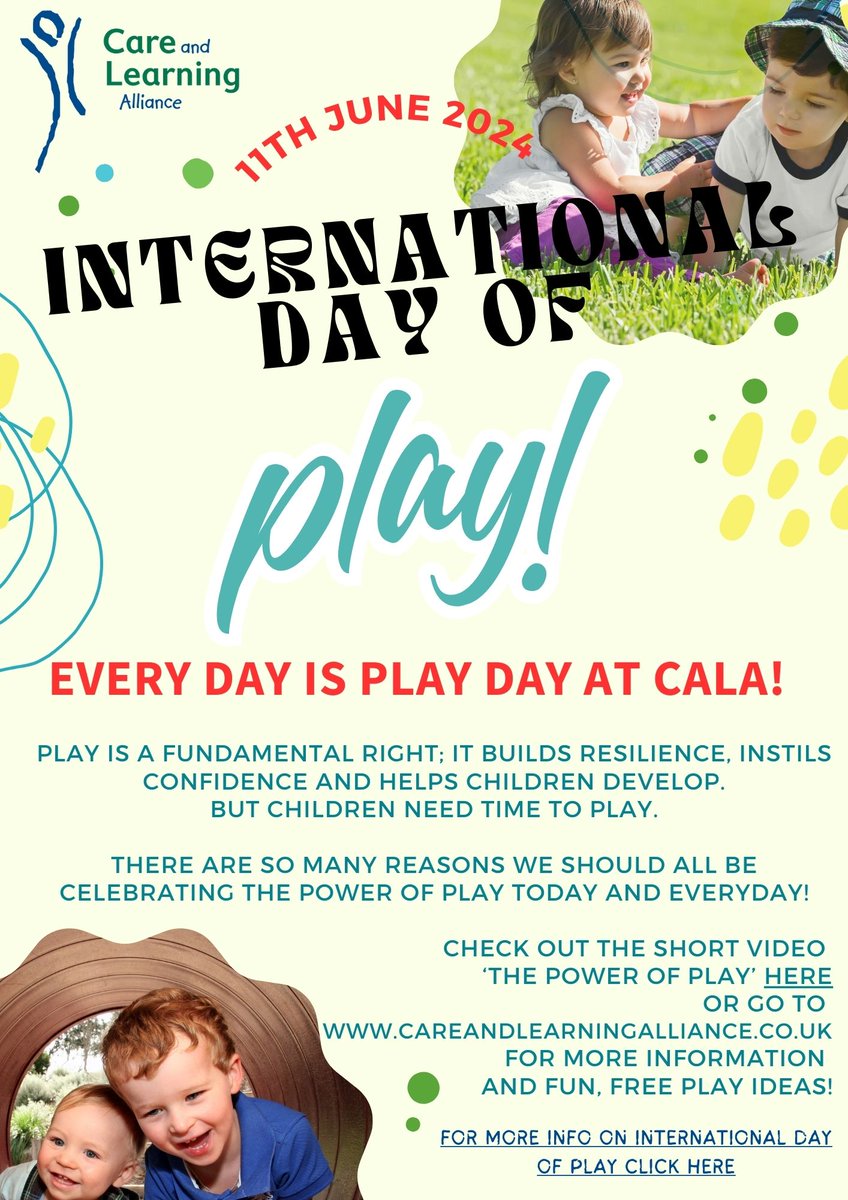 Getting excited about International Play Day tomorrow when <a href="/CALAchildcare/">CALAChildcare</a>  will be celebrating doing what they do each day - ensuring children’s right to play ☺️#playeveryday #moreplayplease #internationaldayofplay <a href="/PlayScotland/">Play Scotland</a> <a href="/InspiringSland/">Inspiring Scotland</a> <a href="/ThePromiseScot/">The Promise Scotland</a> <a href="/NatalieDon_/">Natalie Don-Innes MSP</a>