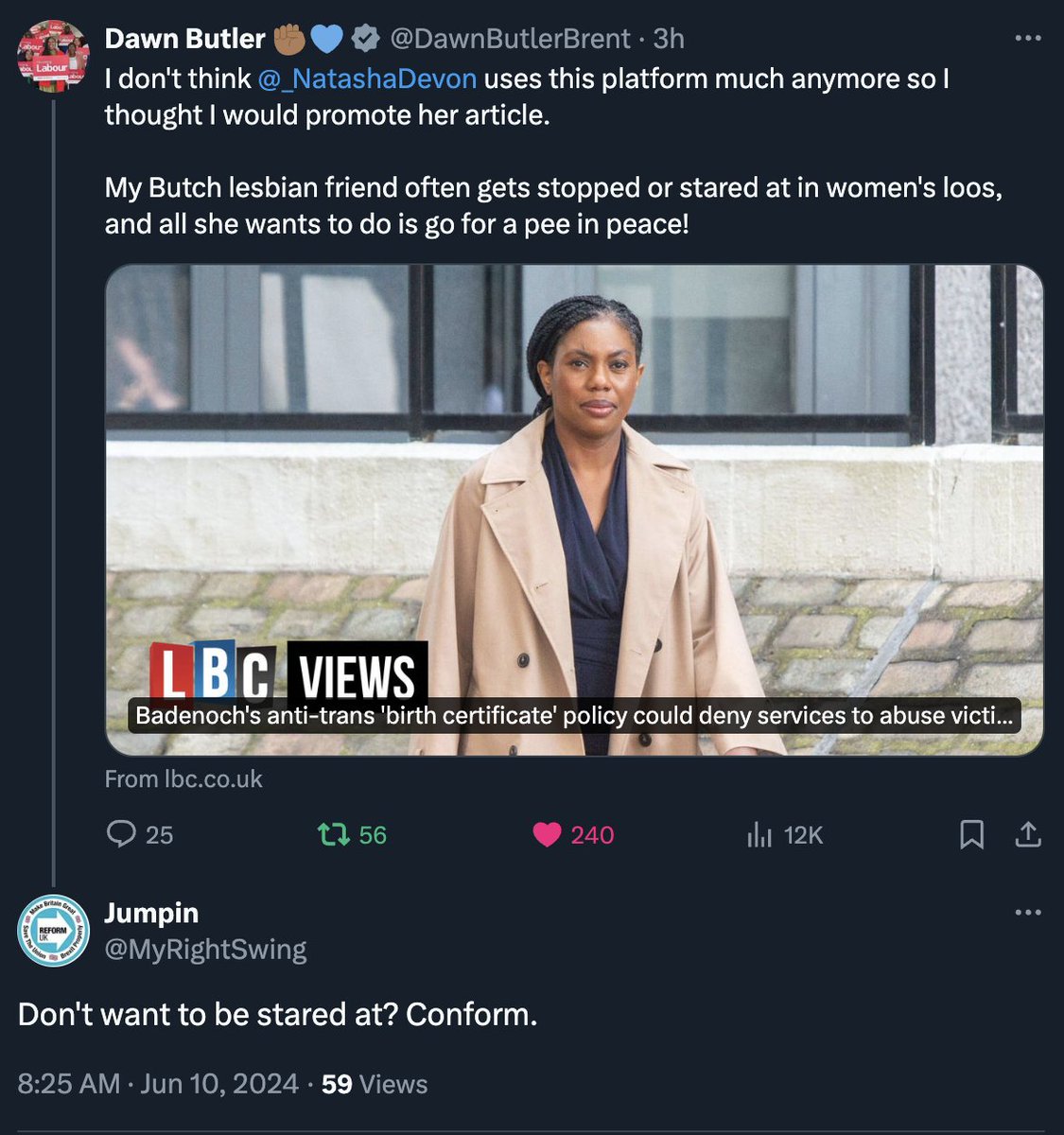 oolon's tweet image. This is what @jk_rowling's "Gender Critical" movement wants, gender non conforming women forced to femme up or be harassed in public spaces. Her "thought leader" Stock even said that's the plan for policing spaces.