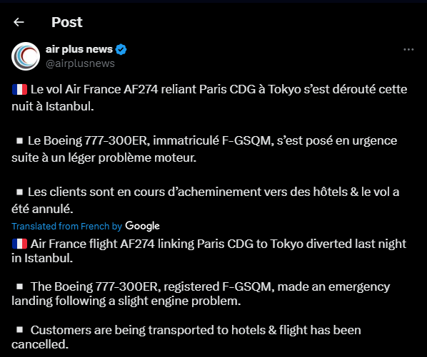 AvSourceNews's tweet photo. #UPDATE | It is understood the technical issue at hand onboard Air France flight AF274 this morning was an engine failure, as per reporting from @airplusnews.

https://t.co/cK8SNq92E7

#AirFrance #AF274 #Paris #Tokyo #Istanbul #AvGeek https://t.co/SdcilY4XH7