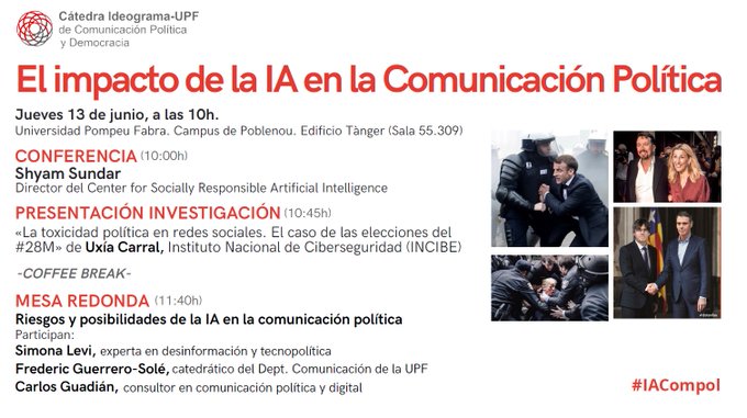 #Recomiendo👉 Este jueves 13 de junio, por la mañana, en #Barcelona, nuestra <a href="/CatedraIDG_UPF/">Cátedra Ideograma-UPF</a> organiza una jornada sobre los efectos de la #InteligenciaArtificial en la #compol.
🗣️ Participarán: Shyam Sundar, <a href="/UxiaCarral/">Uxía Carral</a>, @guersole, Simona Levi y <a href="/carlosguadian/">Carlos Guadián Orta</a>.

#IACompol