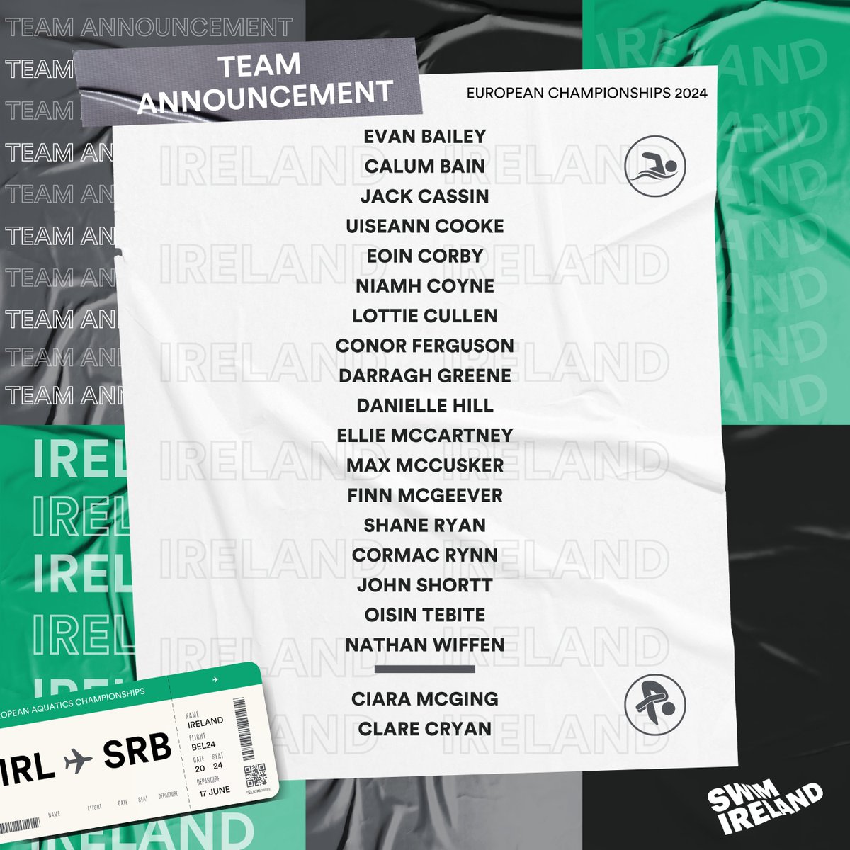 𝗧𝗘𝗔𝗠 𝗔𝗡𝗡𝗢𝗨𝗡𝗖𝗘𝗠𝗘𝗡𝗧

With just 1️⃣ week until the 2024 European Aquatic Championships, Swim Ireland have confirmed the teams that will travel to Belgrade, Serbia from 17th - 23rd June!

2️⃣0️⃣ athletes confirmed to compete on the European stage 🤩

🔗