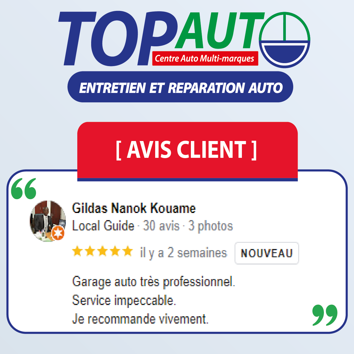TOPAUTOCIV's tweet photo. Avis client  
Merci beaucoup à 𝐆𝐢𝐥𝐝𝐚𝐬 𝐍𝐚𝐧𝐨𝐤 𝐊𝐨𝐮𝐚𝐦𝐞 pour son retour qui nous touche énormément !

Nous sommes très heureux de vous avoir apporté entière satisfaction. 
#topauto #entretien #reparation #auto #avis #positif #client #satisfait # #voiture https://t.co/7pvVBZ6NMt