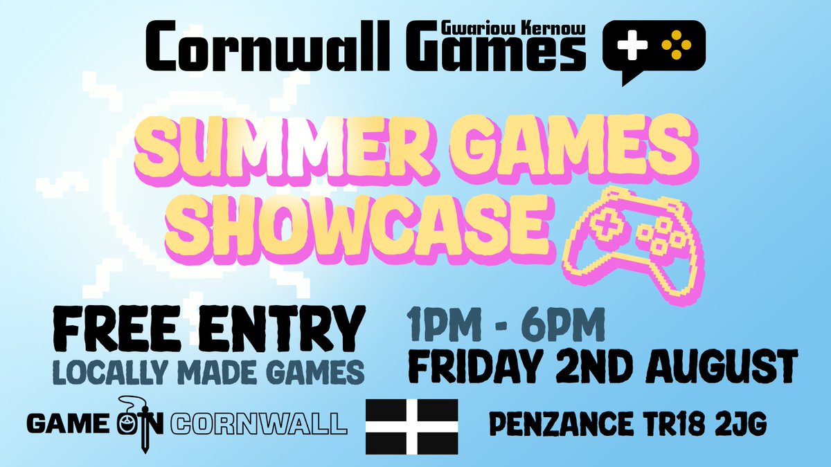 Cornwall Games (@cornwallgames) on Twitter photo Get ready to level up, #Cornwall 🎮 We're excited to announce the 1st EVER <a href="/CornwallGames/">Cornwall Games</a> #SummerGamesShowcase <a href="/GameOnCornwall/">Game On Cornwall</a> in Penzance! Play locally made #videogames for FREE & open to ALL! Join us 2nd August from 1pm
➡️cornwall.games/event/cornwall…⬅️
#gamedev #indiedev 🕹️ Get ready to level up, #Cornwall 🎮 We're excited to announce the 1st EVER <a href="/CornwallGames/">Cornwall Games</a> #SummerGamesShowcase <a href="/GameOnCornwall/">Game On Cornwall</a> in Penzance! Play locally made #videogames for FREE & open to ALL! Join us 2nd August from 1pm
➡️cornwall.games/event/cornwall…⬅️
#gamedev #indiedev 🕹️
