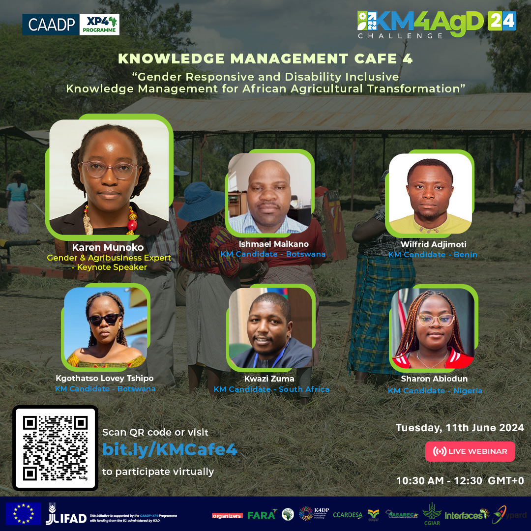 FARAinfo's tweet photo. Register via https://t.co/xMSXcf3nWM to join #KnowledgeCafe 4 
as we breakdown and discuss "Gender Responsive and Disability Inclusive Knowledge Management for African Agricultural Transformation" 

This will be fourth and final #KnowledgeCafe Webinar of the #KM4AgD24 Cafe Series https://t.co/Z4tpLalcpP