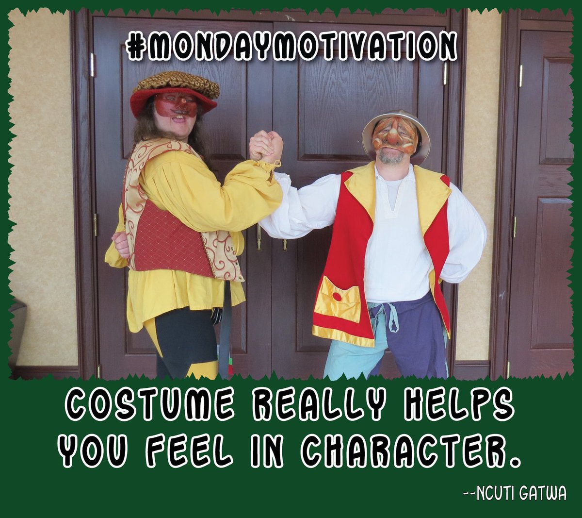 PlayerPatchwork's tweet photo. Sometimes masks and disguises reveal truths!

"Costume really helps you feel in character." --Ncuti Gatwa

#MondayMotivation

#CommediaDellArte #commedia #improv #improvisation #theater #ClevelandConCoction #CleCon https://t.co/WUkB0qE2DV