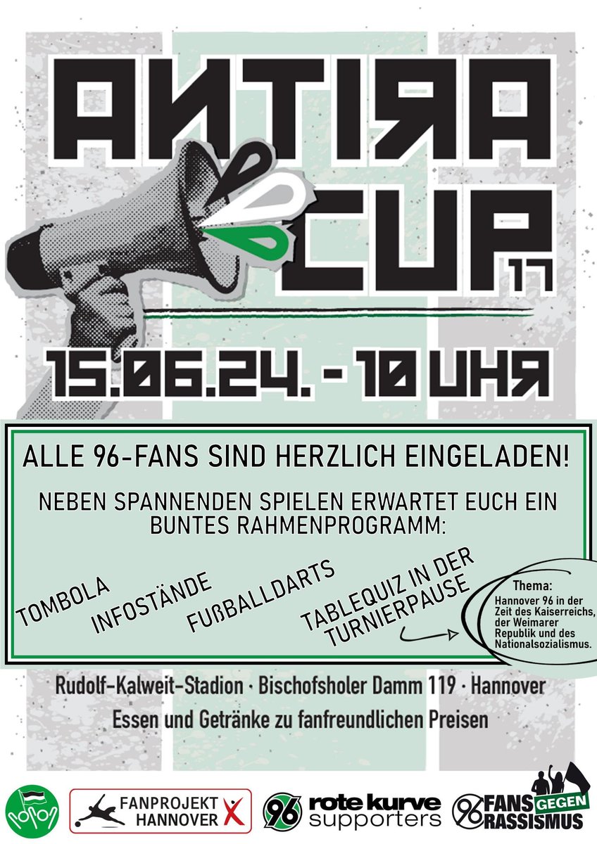 ak96fans's tweet photo. Am 15.06. findet die 17. Edition des Antira Cups statt. Neben dem Turnier erwartet euch natürlich auch dieses Jahr wieder ein spannendes Rahmenprogramm. Schaut rum auf Schnack, Getränk und ein paar spannende Spiele! #H96 https://t.co/2sVDY8F4pl