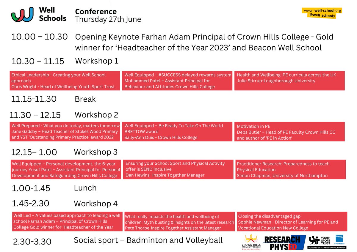 CHCC_Official's tweet photo. It isn't long until our Well Schools Conference. @well_schools Here is a full breakdown of the workshops we have on offer. If you book a place you will be able to book onto a workshop of your choice from each session. 

To book a place please visit https://t.co/6rGz3rwE95 https://t.co/lkxx7vIPEN