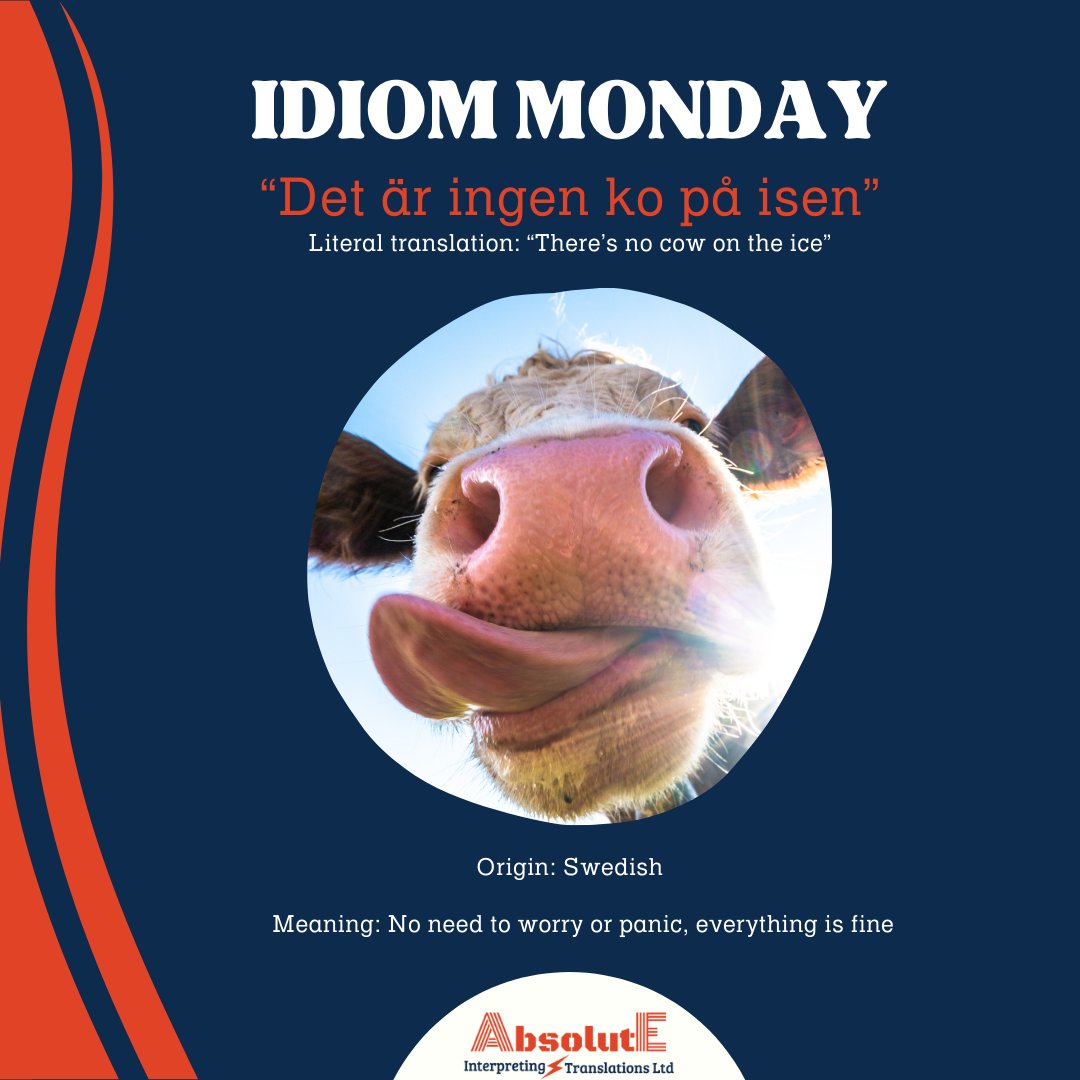AbsoluteIntTran's tweet photo. It's #IdiomMonday! 🇸🇪 Today's Swedish idiom: "Det är ingen ko på isen" 🐄❄️ - "There's no cow on the ice," meaning there's no need to worry. Have you heard this one before? #LearnSwedish #LanguageFun #AbsoluteInterpreting https://t.co/ko6oqFj72k