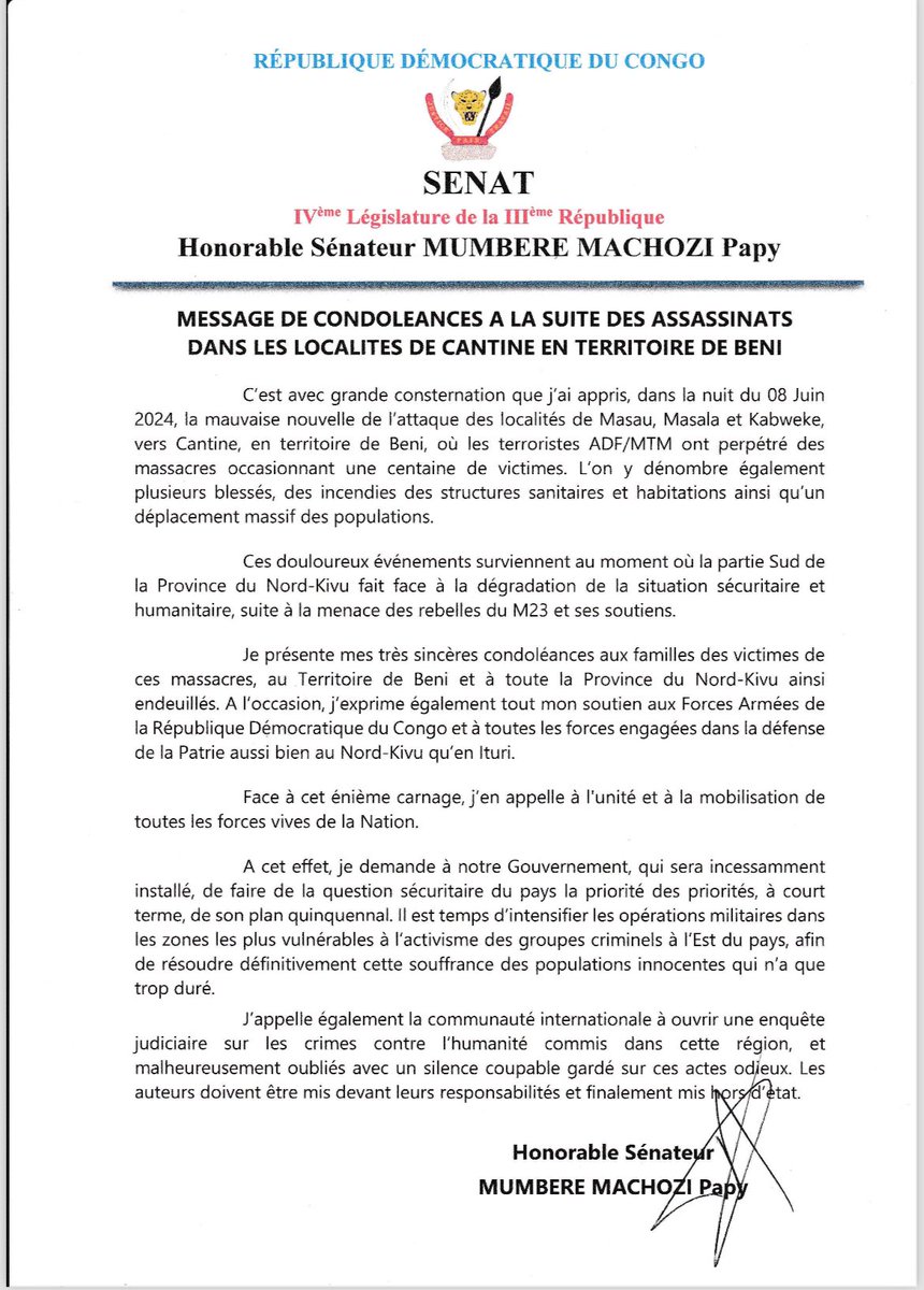 #RDC: 🚨‼️Tuerie à BENI | Présentant ses condoléances aux familles des victimes, le sénateur Papy Machozi demande au gouvernement Suminwa “de faire de Ia question sécuritaire du pays la priorité des priorités, à court terme, de son plan quinquennal. ll est temps d'intensifier les