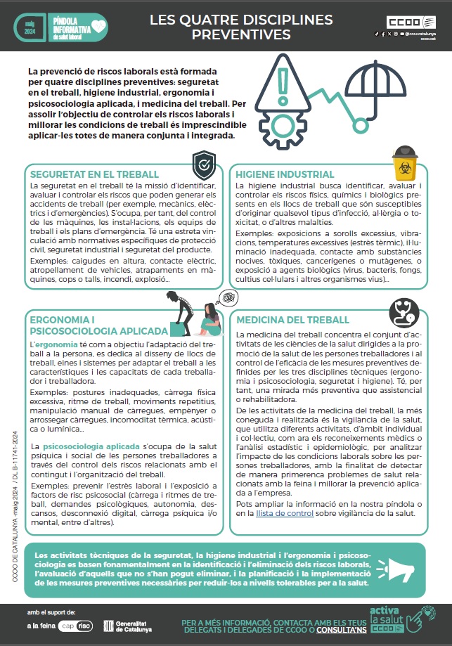 Saps quines són les 4 disciplines de la #PRL? 
Informa-te'n en aquesta 💊 de <a href="/ccoocatalunya/">CCOO de Catalunya</a>.

Disponible en aquest 🔗  ja.cat/Jhr2J