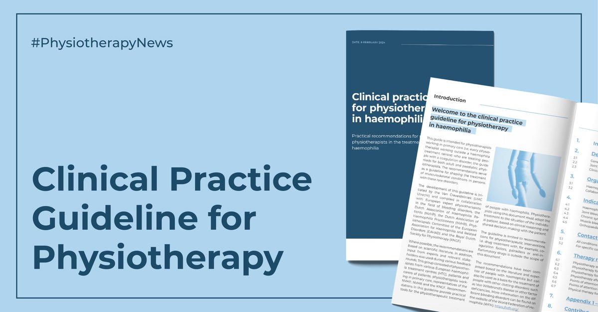 📚 The Clinical Practice Guideline for Physiotherapy in Haemophilia offers treatment recommendations for musculoskeletal conditions in people with #haemophilia and other coagulation disorders. Thanks to <a href="/UMCUtrecht/">UMC Utrecht</a>, EAHAD PT Committee, and European experts eahad.org/eahad-projects…