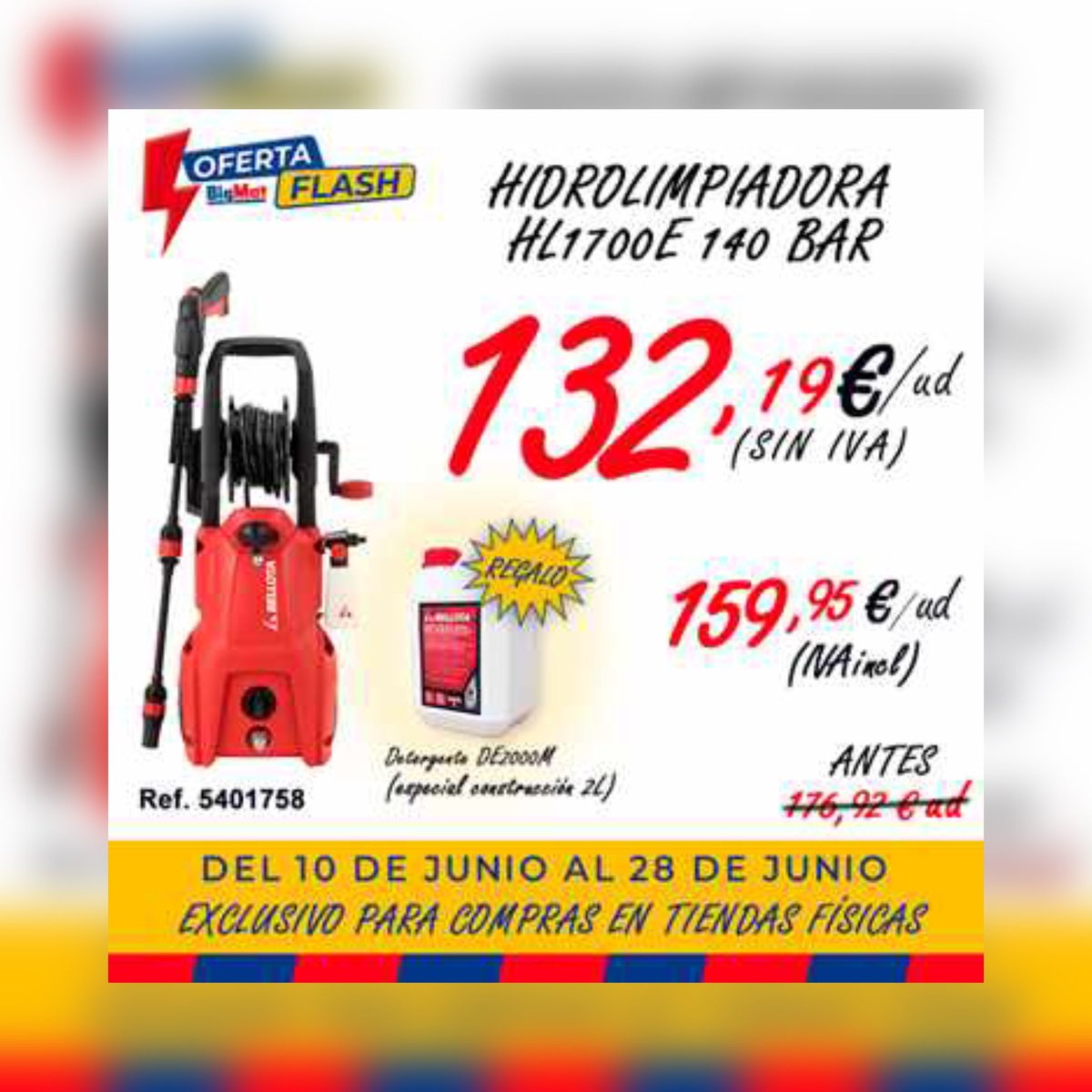 Desde hoy 10 de junio hasta el 28, oferta flash en hidrolimpiadora, por solo 132,19€ 😱 
¡En tienda física! 

📍Carretera de Monovar s/n
📞 965 387 856
📅 De 7 a 19:00 ininterrumpidamente