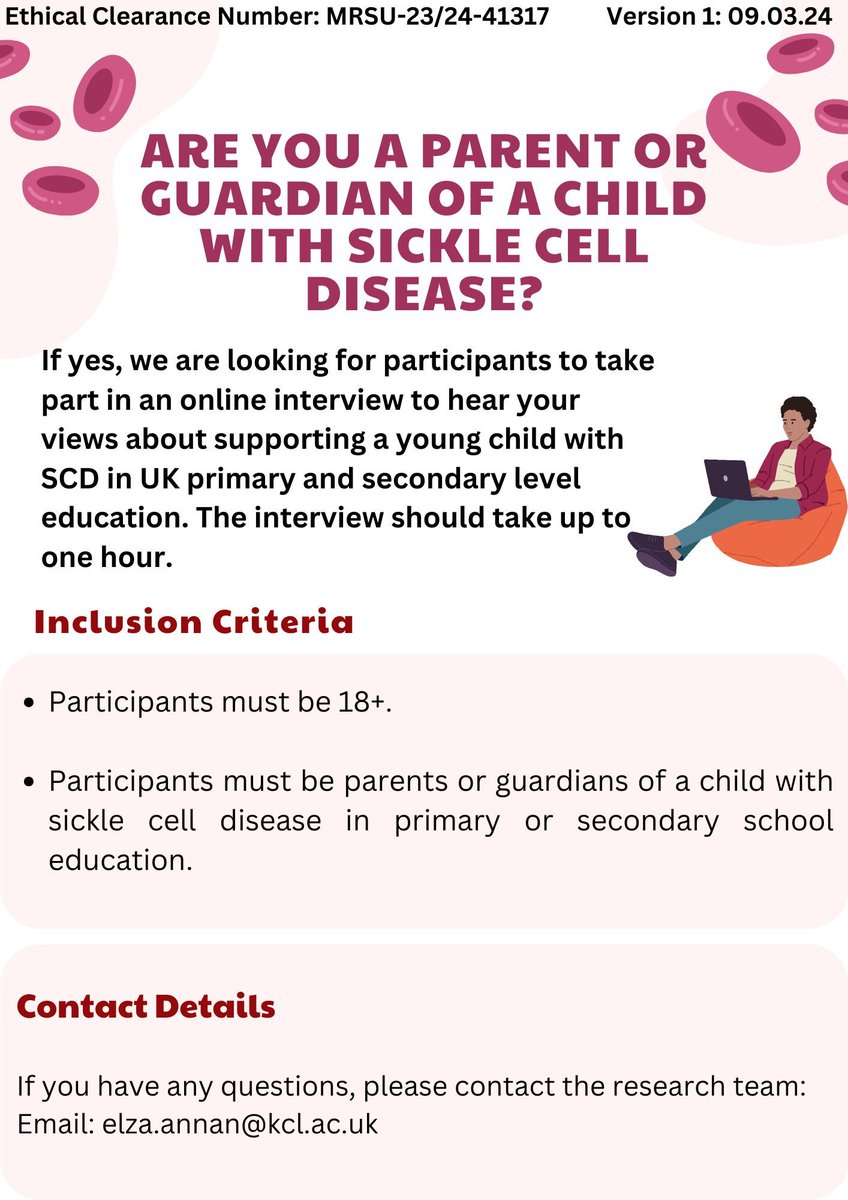 📢Parents and guardians of children with Sickle Cell Disease! King's College is researching experiences and challenges in school settings. Your insights will help schools support families like yours. If you have a child with Sickle Cell, please share your experiences. #SickleCell