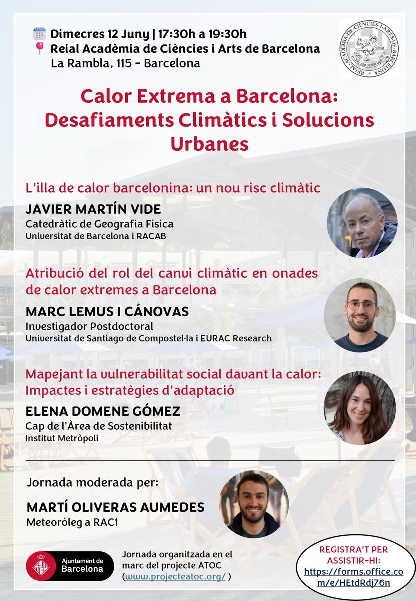 🙋‍♀️Quin impacte té la calor extrema en la població més vulnerable? Quines estratègies d'adaptació duu a terme? Dimecres 12/06 <a href="/domene_elena/">Elena Domene</a> participa en la jornada "Calor extrema a #BCN: desafiamens climàtics i solucions urbanes" de <a href="/RACABarcelona/">RACAB</a> 

✍️forms.office.com/pages/response…