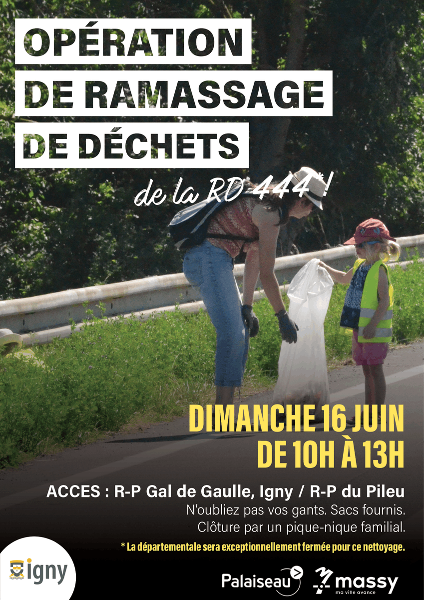 villedemassy's tweet photo. 🚮Les communes de @VillePalaiseau @VilleIgny et Massy vous invitent au nettoyage collectif de la RD444 ! 🚮

📅 Dimanche 16 juin de 10h à 13h
🚧 RD444 exceptionnellement fermée 🚧

Nous comptons sur vous ! 🌿

#Écologie #RamassageDéchets #EnvironnementPropre #RD444 https://t.co/n1fVWJ9395