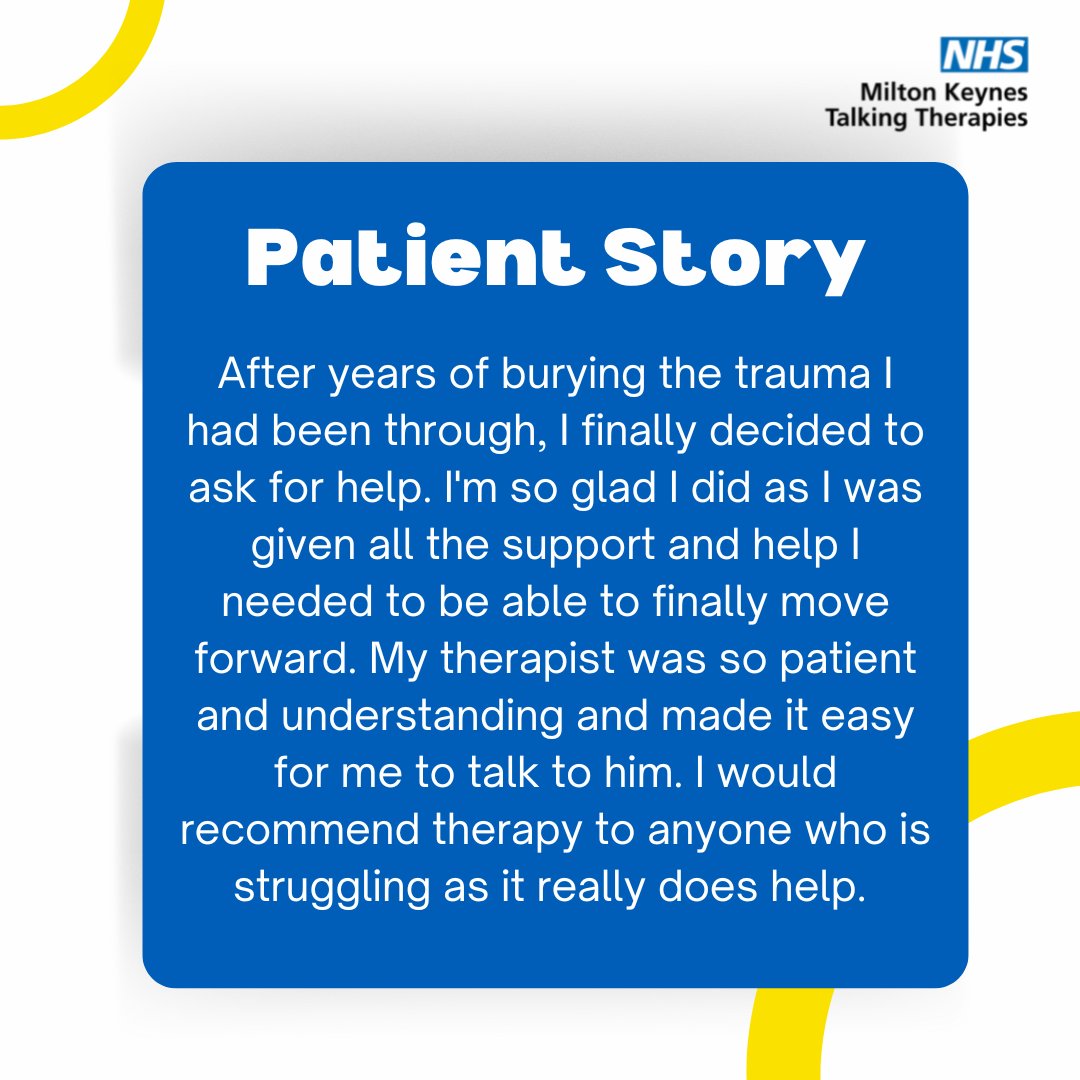 We offer talking-based psychological interventions for individuals struggling with anxiety, low mood and stress.

Hear from one of our patients about the impact attending therapy with MKTT had on their life.

Self-Referral: mktalkingtherapies.nhs.uk/self-referral

#mentalhealth #NHS #wellbeing