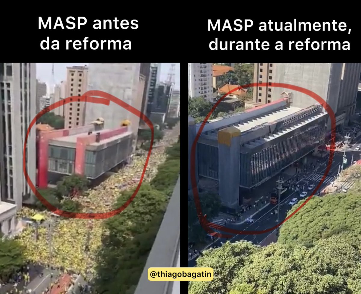 Bolsonaristas foram pegos na mentira! Eles estão compartilhando vídeos de atos antigos, em que o MASP aparece com a lateral vermelha. Porém, o museu está em reforma há 2 meses e sua lateral está atualmente cinza. Não tem como esconder: FLOPOU!
