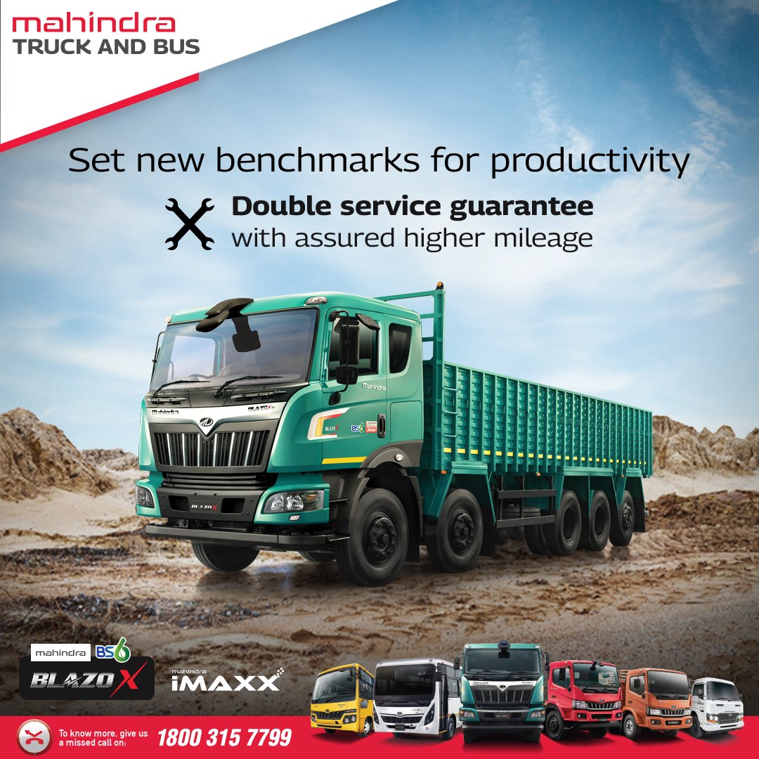MahindraTrukBus's tweet photo. Reach new heights of productivity with Mahindra BLAZO X 48. Our Double Service Guarantee and assured higher mileage promise superior performance and peace of mind.
#MahindraBLAZOX48 #Mahindra #BLAZO #HCV #Haulage #DoubleServiceGuarantee #Guarantee #MahindraTruckAndBus https://t.co/gl2jUeVkE4