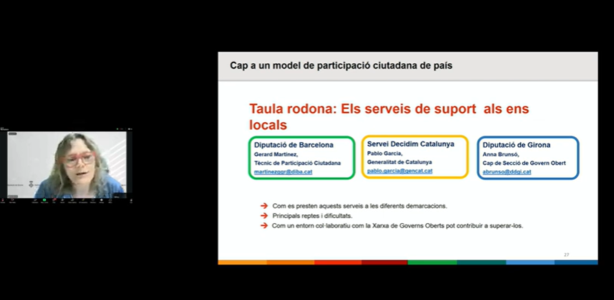 martamorera's tweet photo. @abrunso cap secció #participacióciutadana, #bongovern i #transparència de @DiputacioGirona: "Oferim suport directe als ajuntaments x fer processos #participaciociutadana de qualitat". 
Repte: millorar difusió xq ciutadania participi processos oberts!
#OpenGovWeek #OpenGovWeekCAT https://t.co/JTIbkt3XLQ