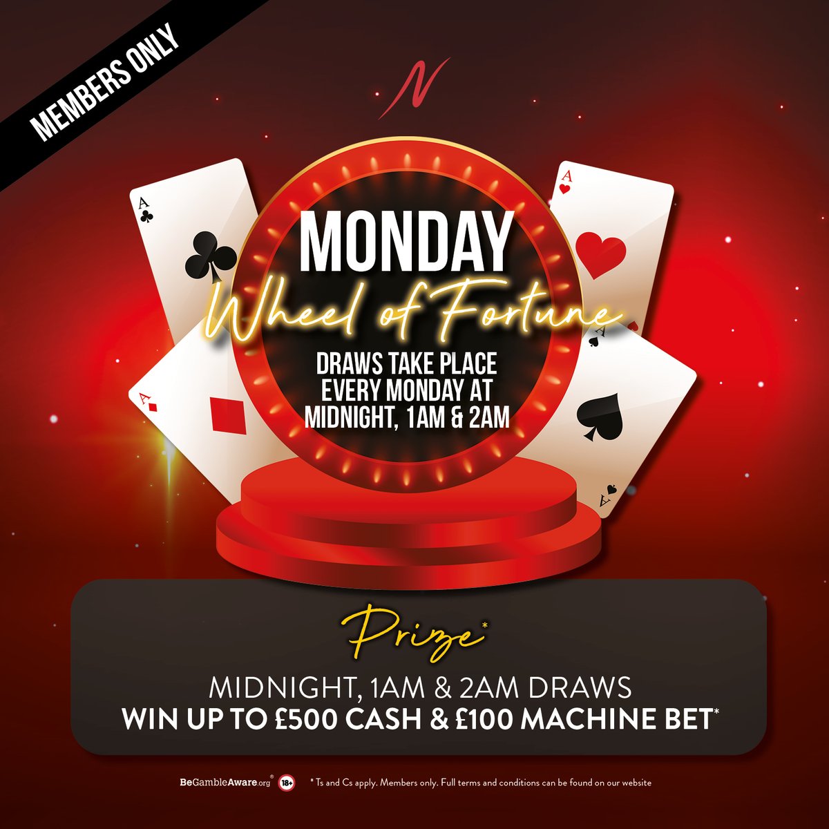 It's that time of the week again: Monday Wheel of Fortune 🎉

Win up to £500 cash &amp; £100 machine bet at midnight, 1am, and 2am 🥳 🃏