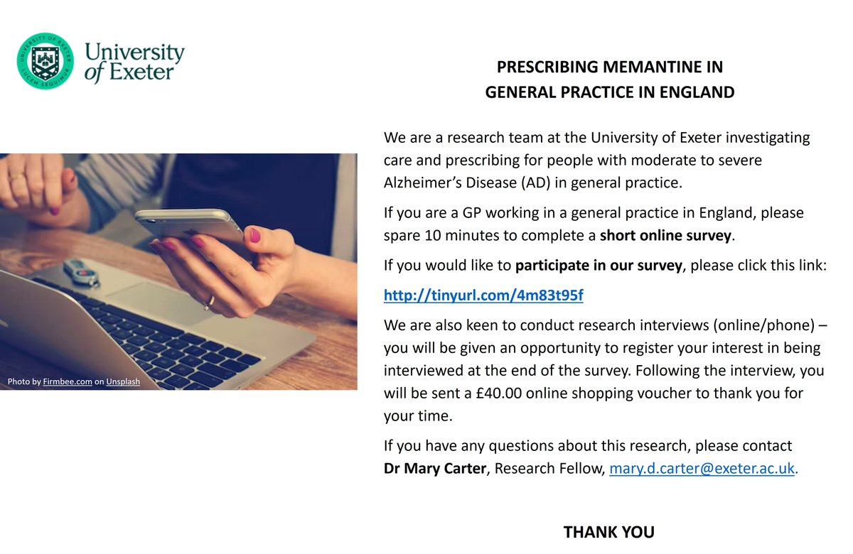 Calling all GPs in England! Help shape the future of healthcare by sharing your insights on caring for those with moderate to severe Alzheimer’s Disease. Take the 10-min survey for University of Exeter research. Click here 👉tinyurl.com/4m83t95f