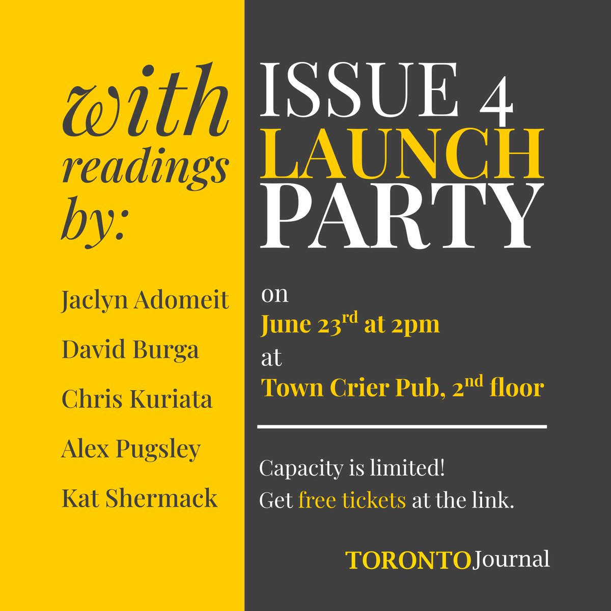 JournalToronto's tweet image. We are excited to announce Toronto Journal's first ever launch party! There will be readings, drinks and a chance to chat with the authors. Spots are limited: get a free ticket at the link: eventbrite.ca/e/918751068177… 

#writingjournal #launchparty #toronto