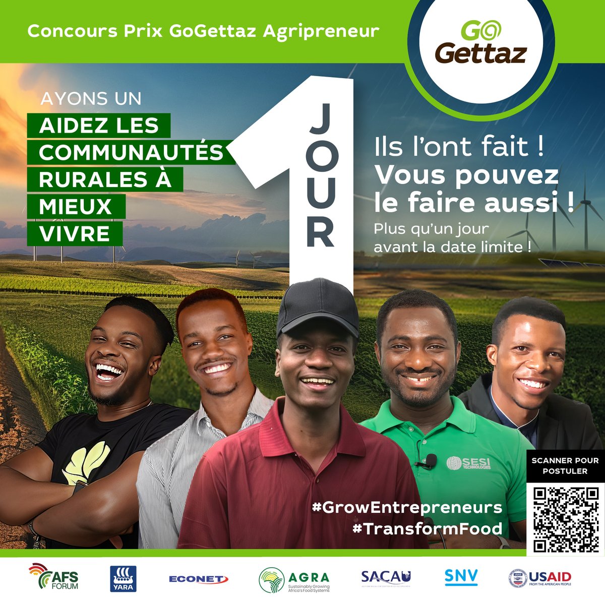 1️⃣🗓️🚨DERNIER JOUR ! À minuit (CAT), les candidatures se clôturent pour le concours du prix #GoGettaz #Agripreneur.  

📲 gogettaz.africa 
Aidez-vous les communautés rurales ? 🏡 Votre impact pourrait gagner GROS !
#GrowEntrepreneurs #TransformFood

1/5