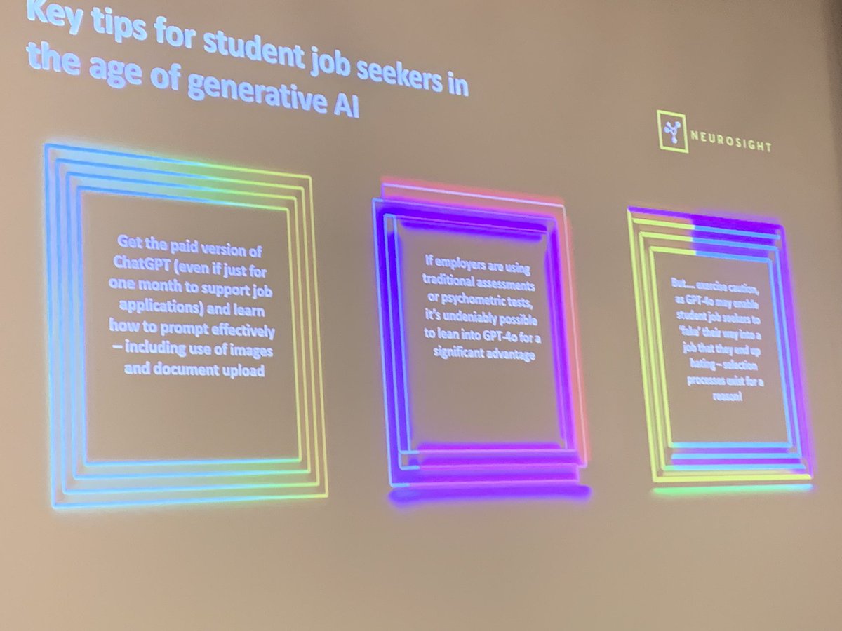 Key tips from Jamie Betts <a href="/Neurosight1/">Neurosight</a> #AGCASAC24 Clearly an impact on social mobility and food for thought ‘using AI may lead to students getting a job they end up hating’