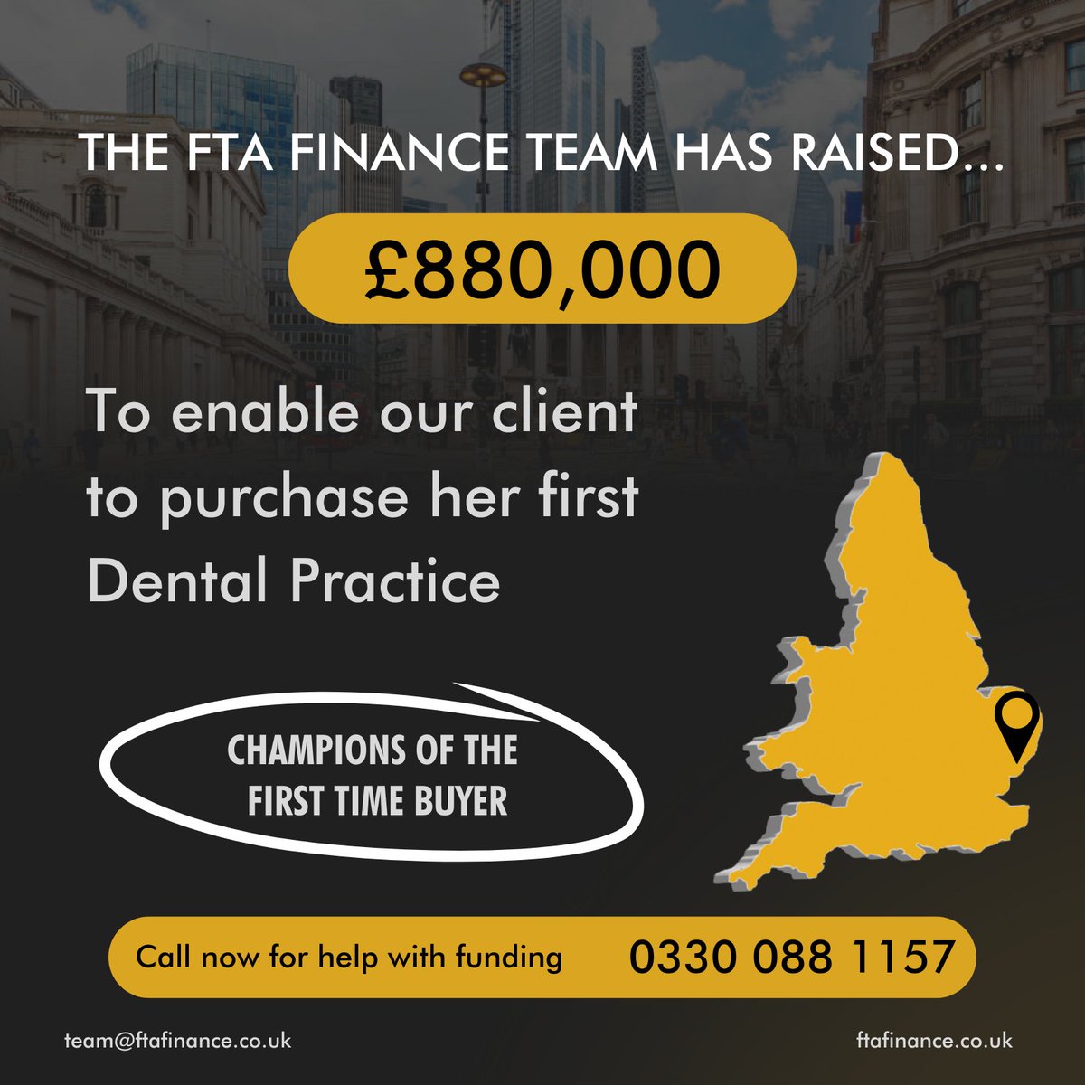 FTAFinance's tweet photo. ⭐Champions of The First Time Buyer⭐

The FTA Finance team has raised £880,000 to enable our client to purchase her first Practice - long established Private, Freehold Dental Practice in Suffolk    

Contact us here👇
🌐 https://t.co/Yq0ZREPjFb
📱0330 088 11 57 https://t.co/mcwm0hM1yY