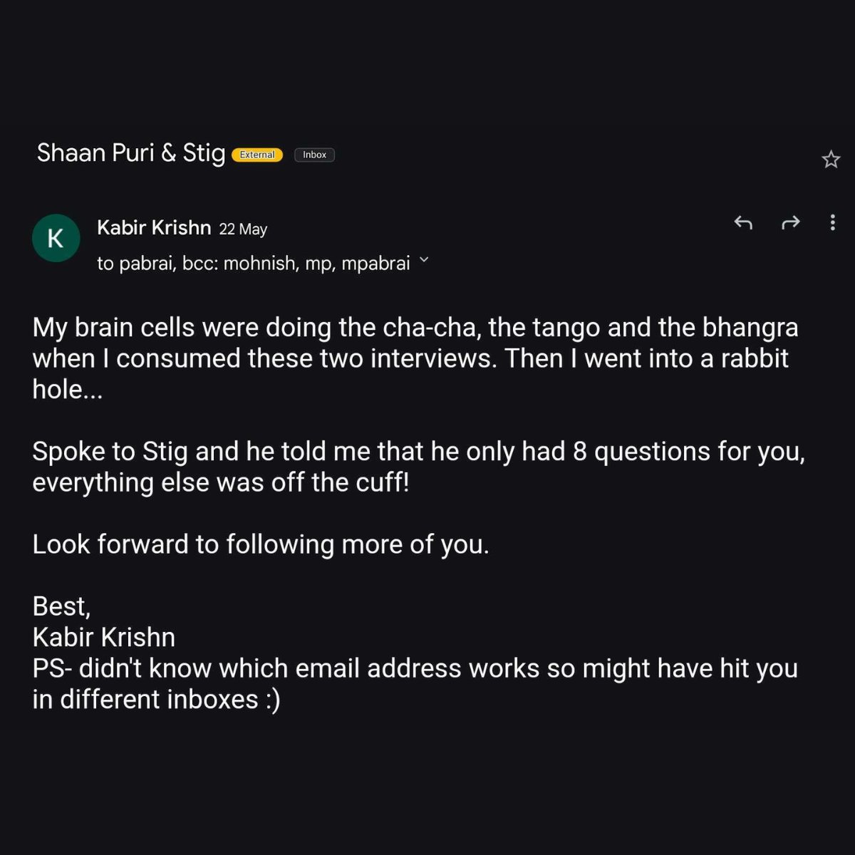 Kabir_Krishn's tweet photo. Here's the #coldemail I sent to billionaire investor Mohnish Pabrai that got me a reply the next day!  

Curious about my #email style? There's method in the madness. Check out my #newsletter for the full story: https://t.co/OWWX46eQtE

#networking #success https://t.co/eeYTvQq4Aj