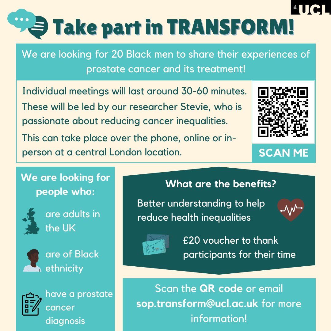 Reform Breast Cancer Transform Prostate Cancer (@reform_transfor) on Twitter photo Please share - we're still recruiting!
We're looking for men who want to have their voice heard in a UCL study aiming to reduce health inequalities in prostate cancer📣 More info below ⬇️
<a href="/orchidcancer/">Orchid Male Cancer</a> <a href="/TrueLee478/">Lee Townsend</a> <a href="/Diverse_PPI/">PPI Cancer Research Group for Diverse Backgrounds</a> <a href="/cahn_uk/">Caribbean & African Health Network</a> <a href="/TackleProstate/">Tackle</a> @NIHRCRN_nthames <a href="/CDLIW1/">Cancer Don’t Let It Win cic</a> Please share - we're still recruiting!
We're looking for men who want to have their voice heard in a UCL study aiming to reduce health inequalities in prostate cancer📣 More info below ⬇️
<a href="/orchidcancer/">Orchid Male Cancer</a> <a href="/TrueLee478/">Lee Townsend</a> <a href="/Diverse_PPI/">PPI Cancer Research Group for Diverse Backgrounds</a> <a href="/cahn_uk/">Caribbean & African Health Network</a> <a href="/TackleProstate/">Tackle</a> @NIHRCRN_nthames <a href="/CDLIW1/">Cancer Don’t Let It Win cic</a>
