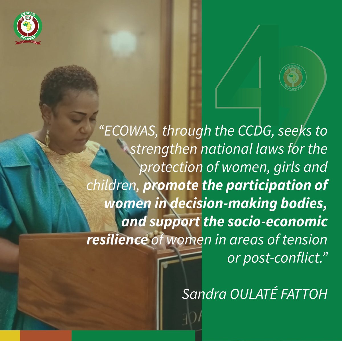 ECREEE_ECOWAS's tweet photo. At the celebration of the 49 Anniversary of ECOWAS, Sandra OULATÉ FATTOH, Director of EGCD highlighted the critical role of gender equality and women's empowerment in fostering regional stability and development.
#ECOWAS #CEDEAO #ECREEE #CEREEC #CCDG #EGCD #RegionalUnity #Peace https://t.co/8kStFfMeuL