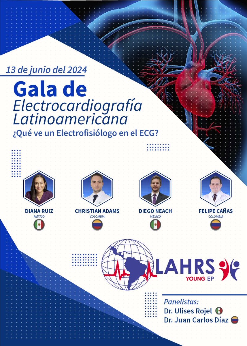 LAHRSonline1's tweet photo. Este Jueves 13 de Junio no te pierdas el próximo #WebinarLAHRS 
“Electrocardiografía Latinoamericana “
Organizado por el capítulo #LAHRSyoungEP 

🗓️13 de Junio 
⌚️ 21 hs 🇺🇾🇦🇷🇧🇷
      18 hs 🇲🇽 🇬🇹
      19 hs 🇨🇴🇪🇨
      20 hs 🇨🇱🇩🇴🇻🇪

Inscipción https://t.co/qFaAHfbdsJ https://t.co/fahyFoyccw
