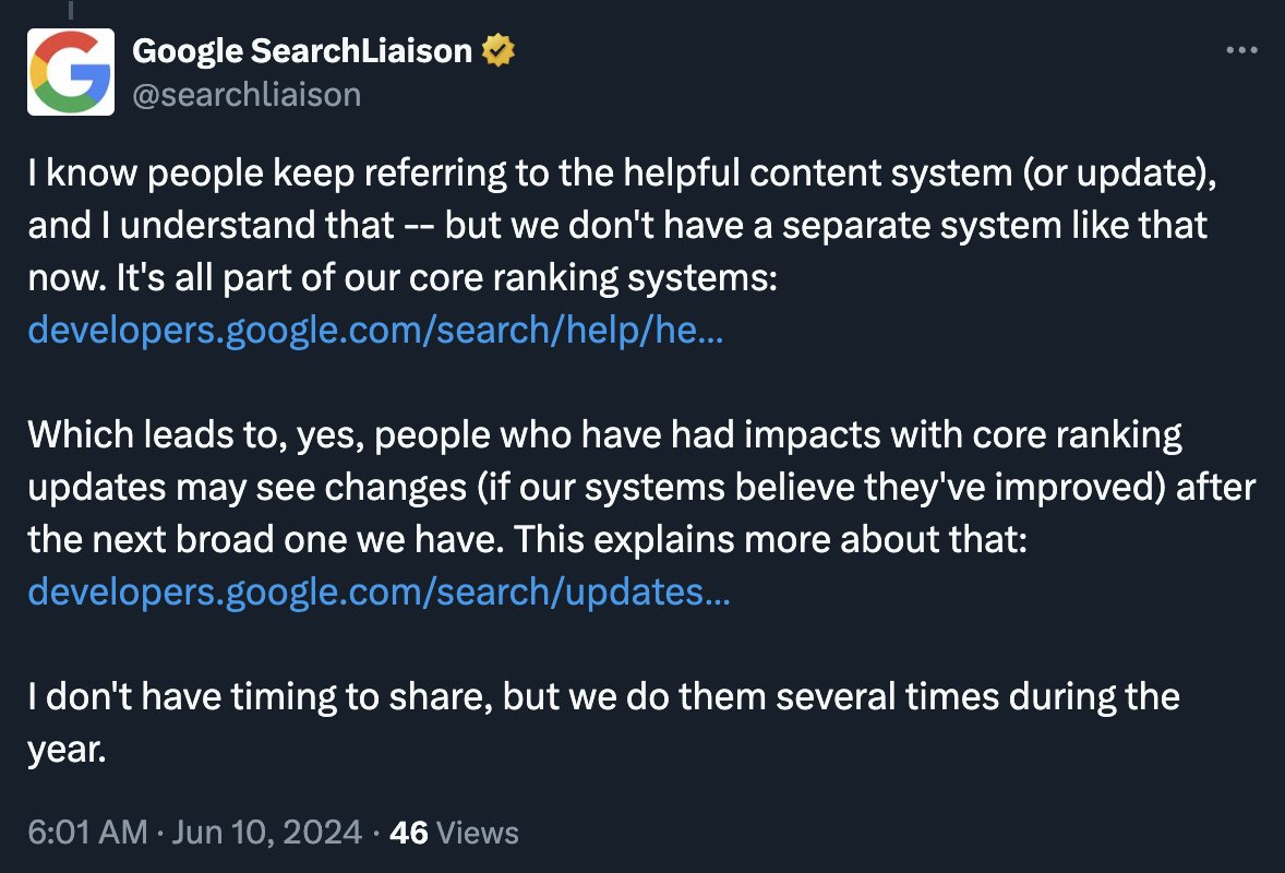 rustybrick's tweet photo. Google says you can recover from the damage of the Sept helpful content update with the next core update https://t.co/WjFoOmGQzr via @searchliaison https://t.co/YZwKmjqdyP