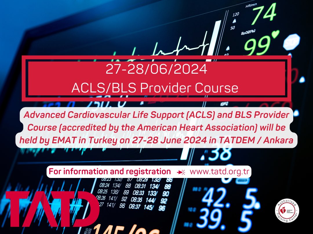 American Heart Association tarafından akredite edilmiş İleri Kardiyak Yaşam Desteği ve Temel Yaşam Desteği Kursu 27-28 Haziran 2024’te Ankara’da gerçekleşecektir.
🫀Detaylar ve kayıt için ➡️ tatd.org.tr/tatdem
<a href="/TrTATD/">Türkiye Acil Tıp Derneği - TATD (EMAT)</a>