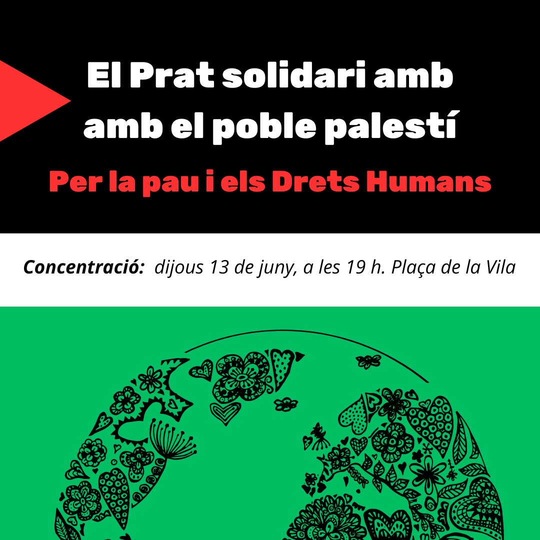 ElPratPersones's tweet photo. El proper dijous, 13 de juny, a les 19 h, plaça de la Vila acollirà concentració suport poble palestí i per la pau

Iniciativa comissió del Prat solidari, òrgan participatiu ciutat que treballa en favor solidaritat, pau i defensa dels #DretsHumans

Info ▶️ https://t.co/ZWzSuIG3et https://t.co/00xLPWz9pO