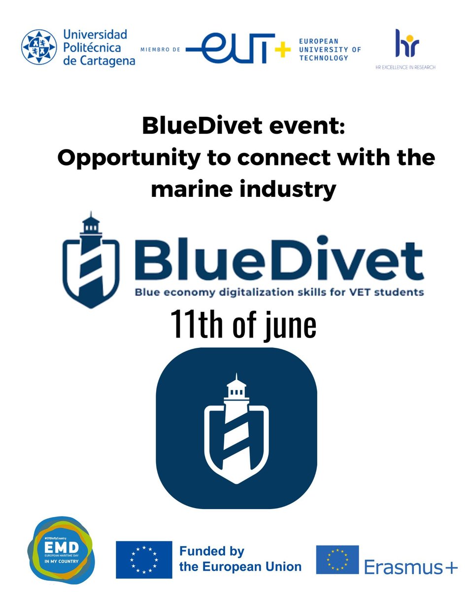 🌊Descubre cómo la economía azul y su digitalización puede ayudar a estudiantes #FP en su futuro laboral 

Ven al evento final del proyecto #BlueDivet (#ErasmusPlus) 

📆11 de junio
📍F. Empresa <a href="/UPCToficial/">Universidad Politécnica de Cartagena | UPCT</a>   
📝Inscripciones gratuitas
🔗shre.ink/Bluedivet#EMDI…

#EMDInMyCountry