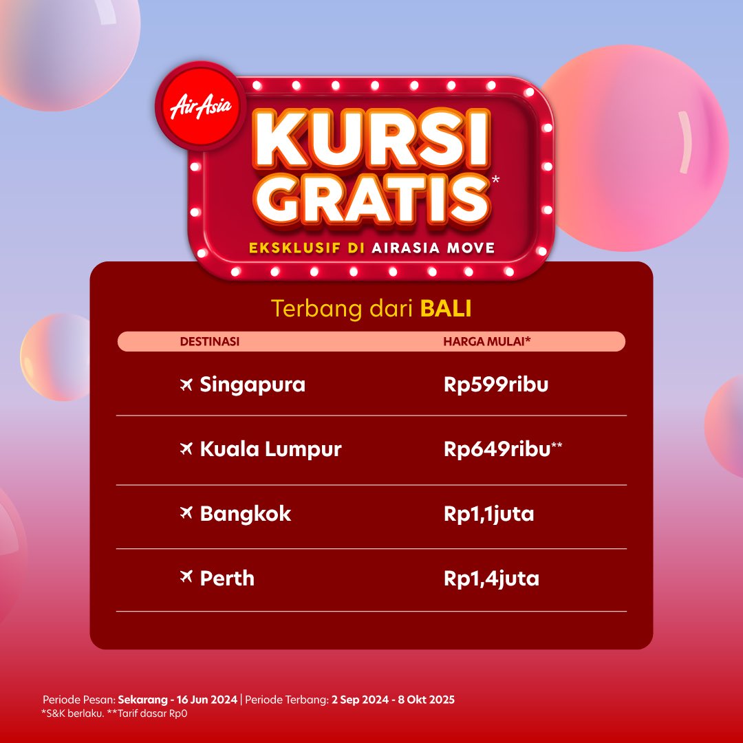 airasia_indo's tweet photo. Buat yang belum dapet, jangan sedih, masih banyak kesempatan sampai 16 Juni 2024!✨
Giveaway Kursi Gratis juga masih berlangsung di Instagram @flyairasia.id ya 😍 Pastikan kamu amankan Kursi Gratisnya SEGERA! 💺✈️
#AirAsiaFreeSeats #KursiGratisAirAsia #FlyAirAsia https://t.co/YyE2OkYkH4