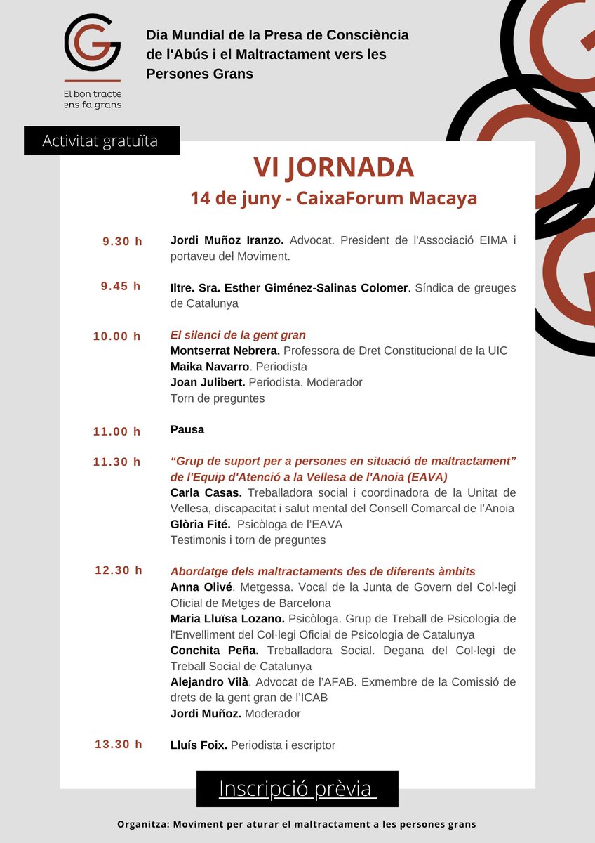 VI Jornada del #Moviment per aturar el #maltractament a les #personesgrans 
🗓️ Divendres 14 de juny  
⏲️ 9.30 h  
📍 CaixaForum Macaya 

Podeu fer la inscripció a: forms.gle/c9sznFN2rKtPTR…

Places limitades.  Us esperem ‼️
Aquí teniu el programa 👇