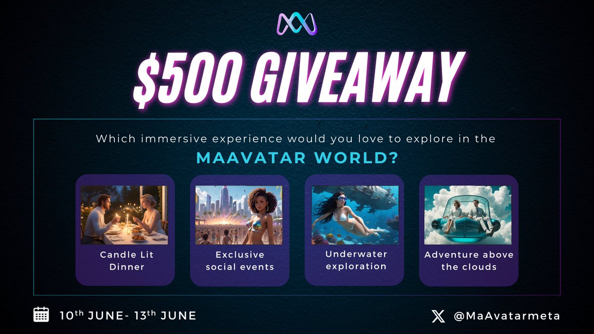 MaAvatarmeta's tweet photo. 🚨Amazing $500 #USDT #giveaway!

5 lucky winners will get $100 EACH💰

- RT and ♥️ this post
- Follow @MaAvatarmeta
- Join Discord: https://t.co/T1plfZZ8Au

✅ Comment below which immersive experience would you love to explore in the MaAvatar world?

⌛️Rolling in 72 hrs, Good Luck!

#MaAvatar #NFTGiveaway #DeFi #usdtgiveaway #Zksync #crypto #airdroptokens #giveawayalert