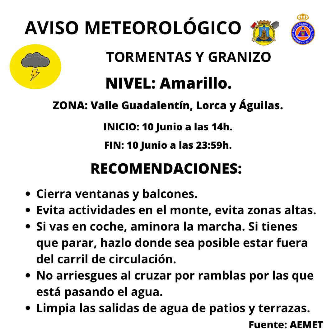 ⛈️Para hoy, 10 de junio, <a href="/AEMET_Esp/">AEMET</a> establece aviso de nivel amarillo🟡por tormentas acompañadas de granizo desde las 14h hasta finalizar el día. 
⚠️PRECAUCIÓN⚠️

ESTAMOS POR TI🔵⚪️🔵
☎️0️⃣9️⃣2️⃣