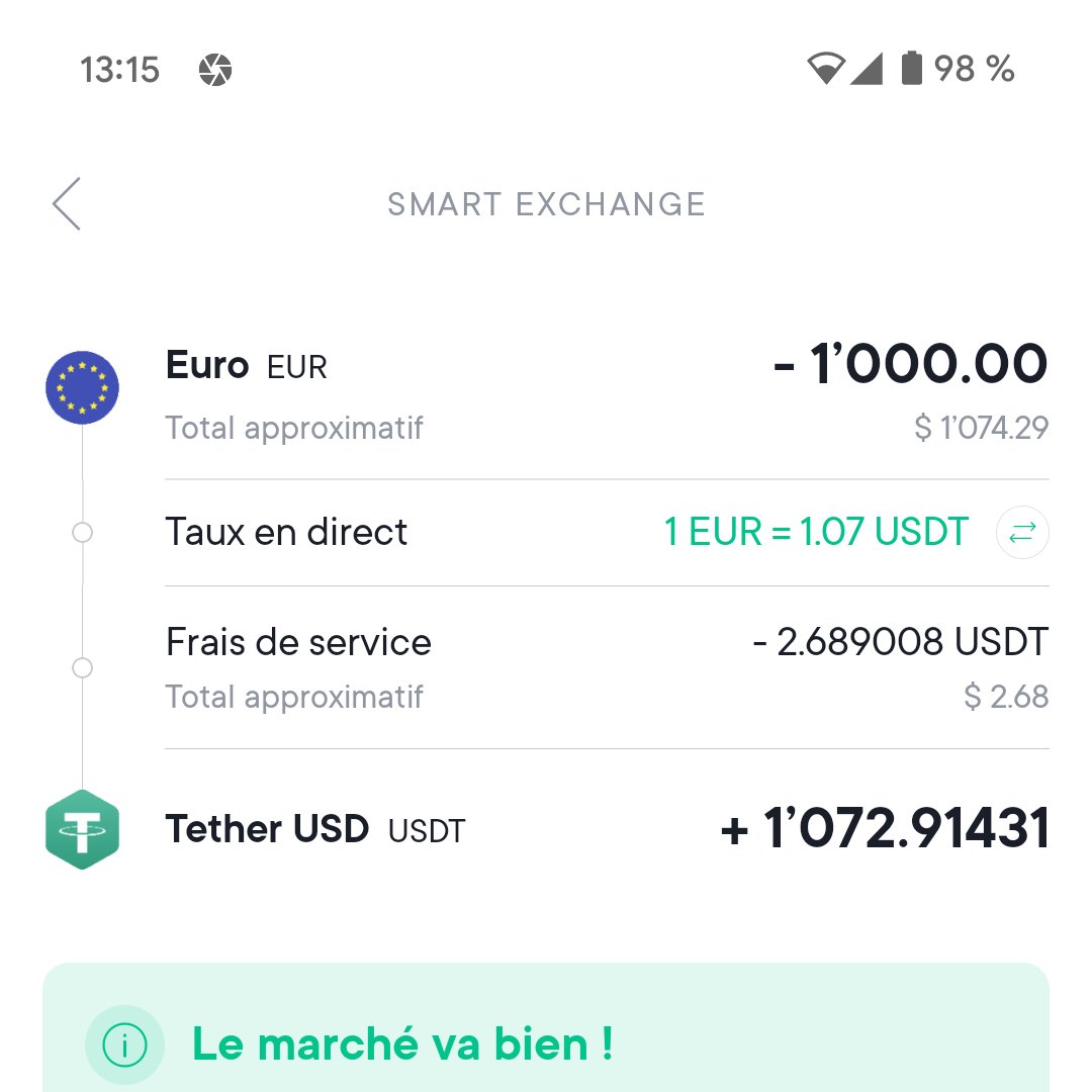 🚨 Echange de 1000€ vers $USDT avec l'application <a href="/MEXC_Official/">MEXC</a>  et <a href="/swissborg/">SwissBorg</a>
 
🤔10  $USDT (+1%) en plus avec l'application SwissBorg 

😱Choqué par les frais cachés(spread) de MEXC

🔥#SwissBorg better than #CEX !

👇2 printscreens👇