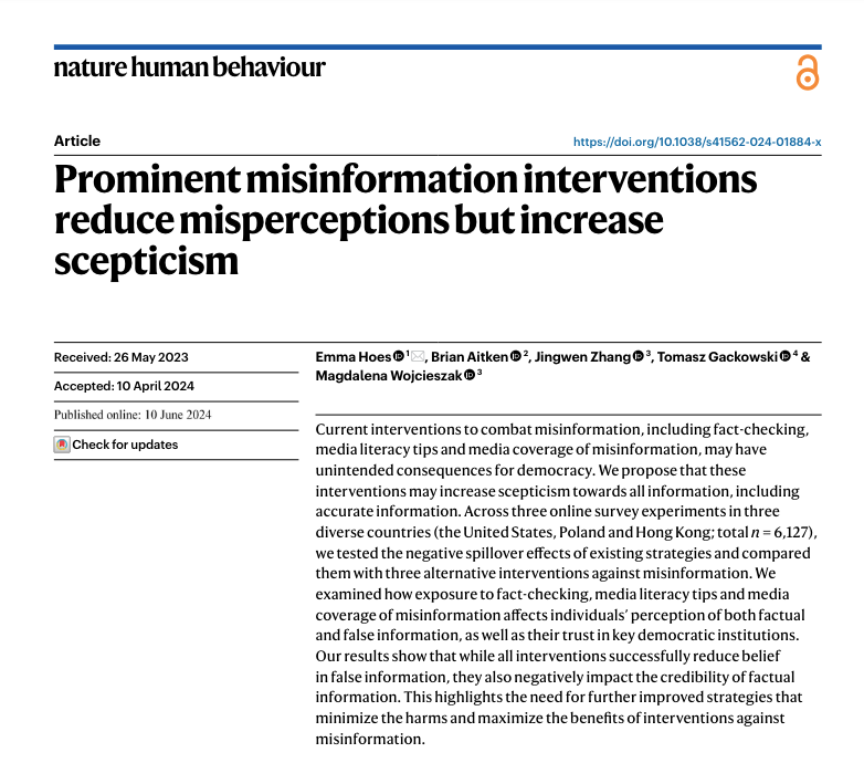 Emma Hoes (@emmahoes93) on Twitter photo Just out in <a href="/NatureHumBehav/">Nature Human Behaviour</a> 🥳
Do interventions against #misinformation help, or do they come with undesired effects?
Both! Our findings suggest current strategies increase skepticism in otherwise trusted pieces of information
Link to full paper 👉 rdcu.be/dKmXg Just out in <a href="/NatureHumBehav/">Nature Human Behaviour</a> 🥳
Do interventions against #misinformation help, or do they come with undesired effects?
Both! Our findings suggest current strategies increase skepticism in otherwise trusted pieces of information
Link to full paper 👉 rdcu.be/dKmXg