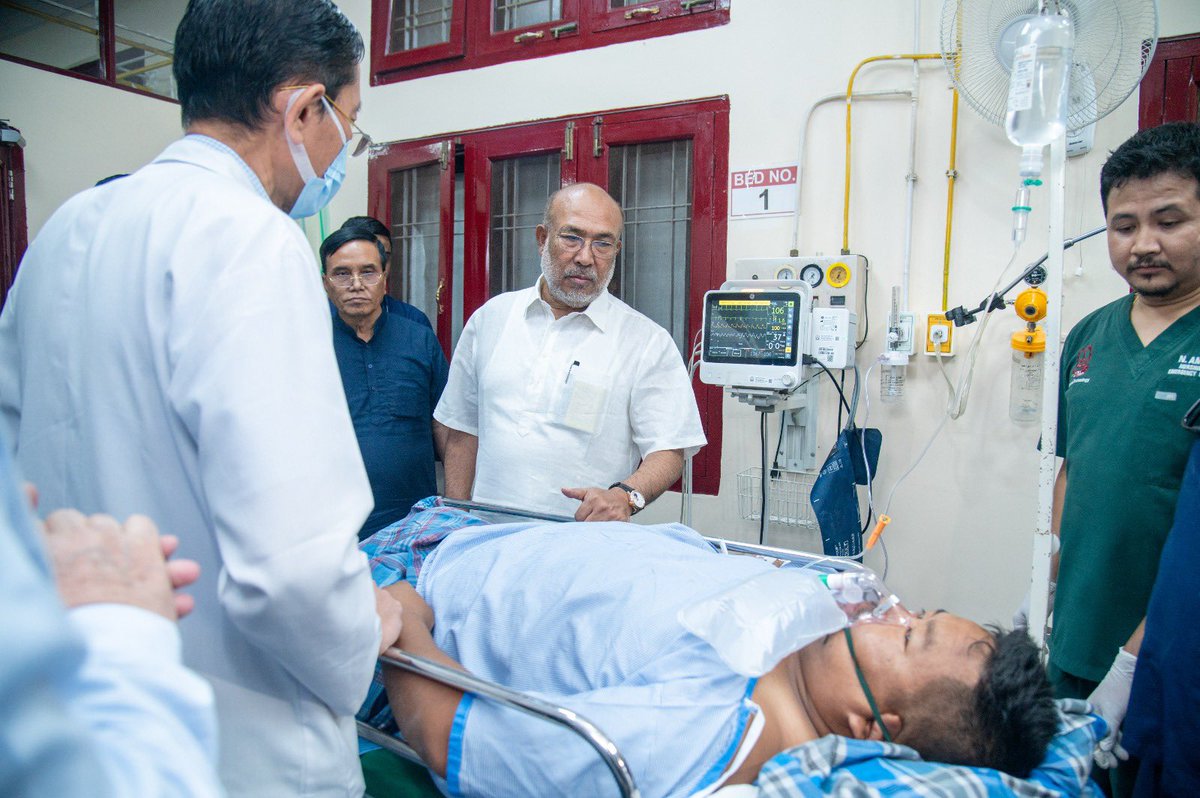 NBirenSingh's tweet photo. I strongly condemn the dastardly attacks on the security personnel who are carrying out their duties day and night in service of the state and the country. 

Visited the injured security personnel who are being treated at Shija hospital. They were ambushed on the way to Jiribam by armed miscreants. The assailants will be brought to justice.