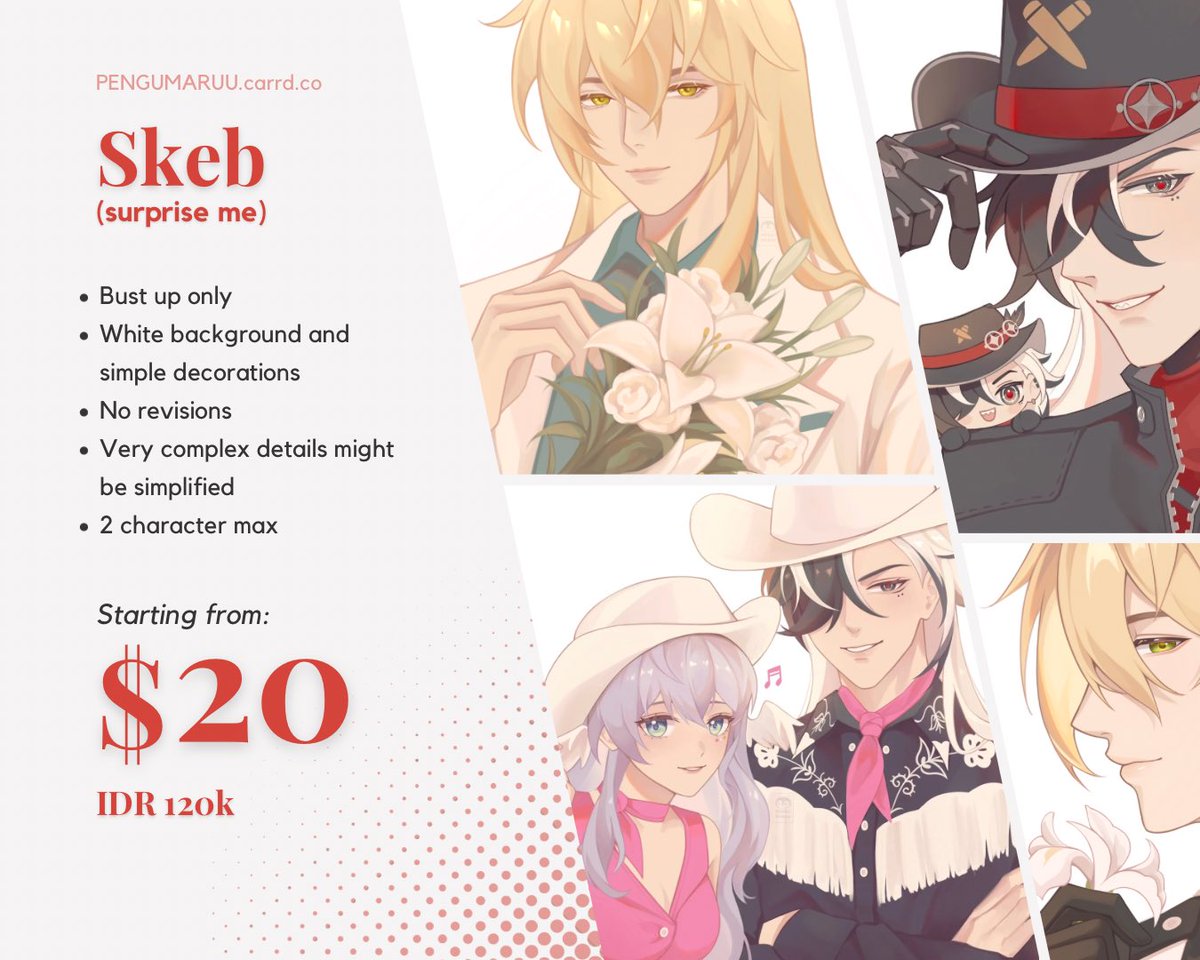 [COMMISSIONS ARE OPEN!]

Hey everyone! I’m opening my very first commission
I will be opening 5 slots only (local and international)!

Don’t hesitate to ask if you have any questions :3

Carrd: pengumaruu.carrd.co 
VGen: vgen.co/pengumaruu 

#artistidn #commissionopen
