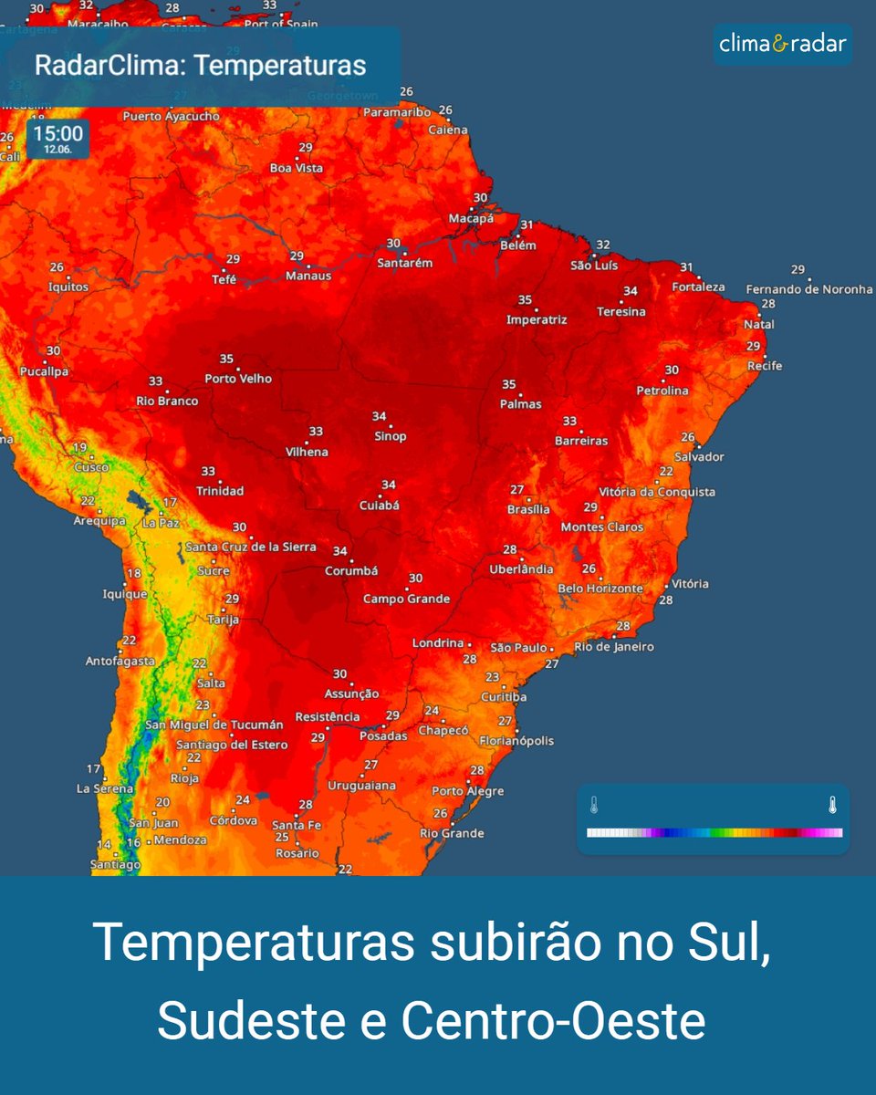 climaeradar's tweet photo. Previsão de tempo seco com muito sol e poucas nuvens na maior parte do Brasil esta semana, exceto por tempestades no norte da Região Norte e chuvas fortes no leste da Região Nordeste. As temperaturas subirão no Sul e levemente no Sudeste e Centro-Oeste. #meteorologia #radarclima https://t.co/B6a6LBVG2I